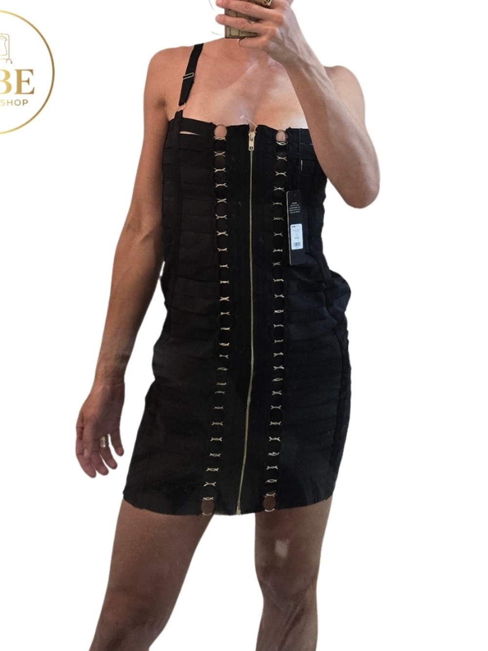Fashion Nova Black Mini Bodycon Dress with Gold Hardware